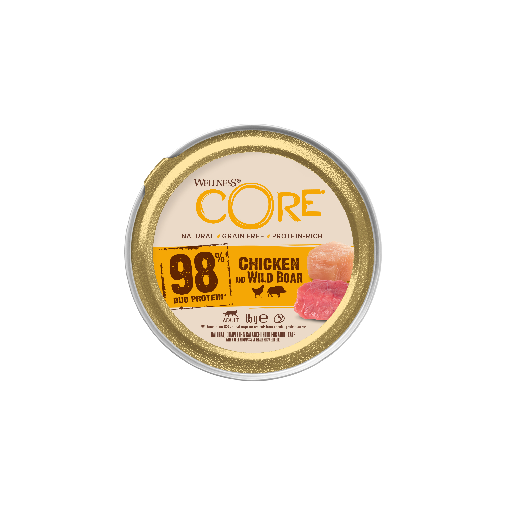 WELLNESS CORE GRAIN FREE CUP 98% Duo Protein Poulet avec Sanglier Adult 85G