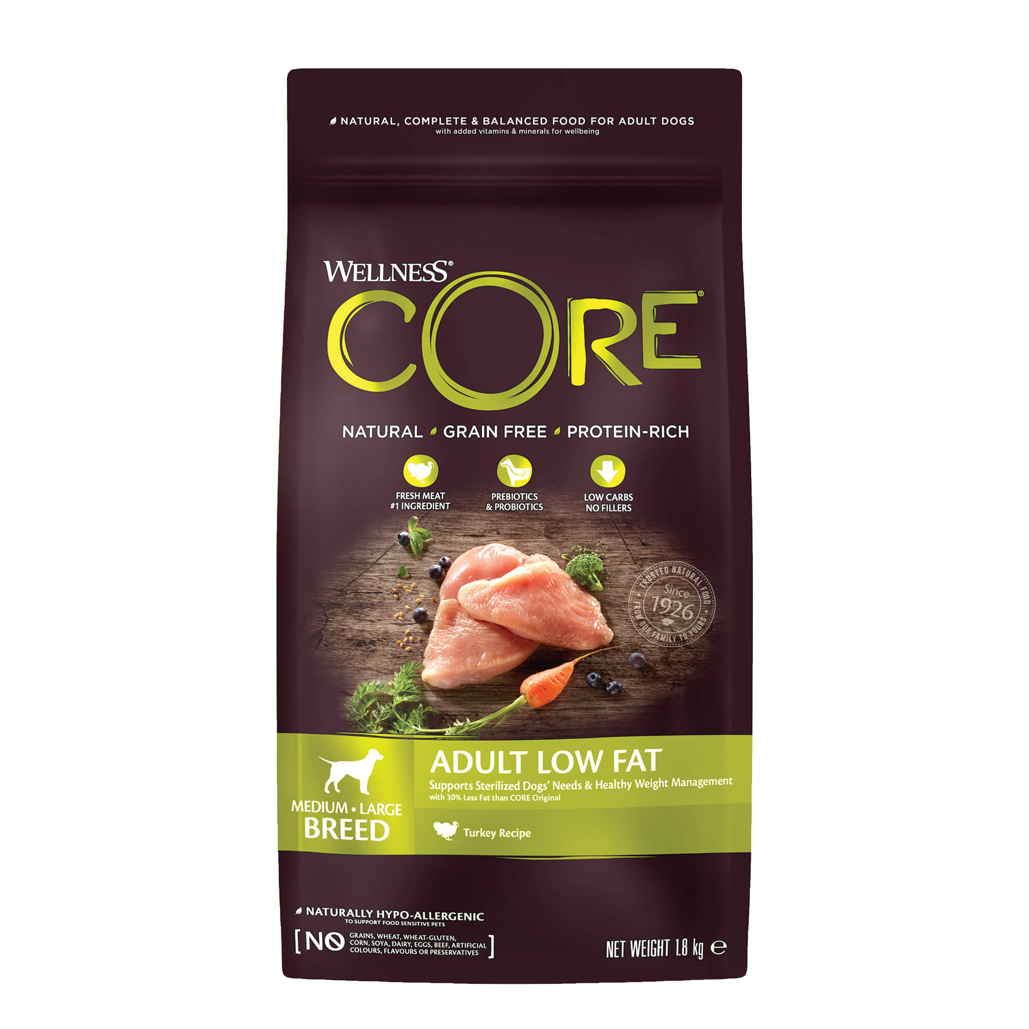 Wellness Core Grain Free Adult Low Fat Kalkoen Medium/Large Breed 1,8Kg Voor Hond