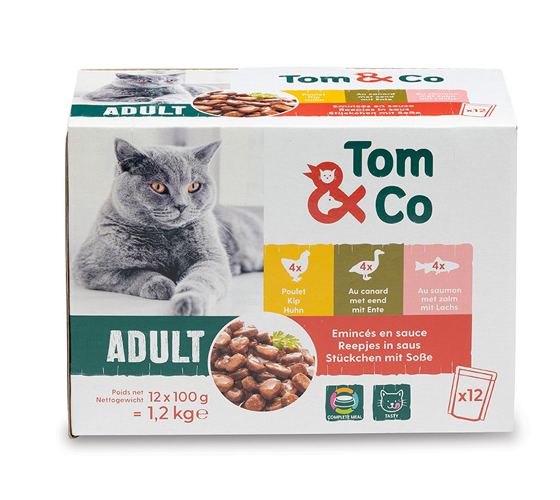 Tom&Co Stukjes Saus 12X100G  Kip Eend Zalm Voor Kat Adult