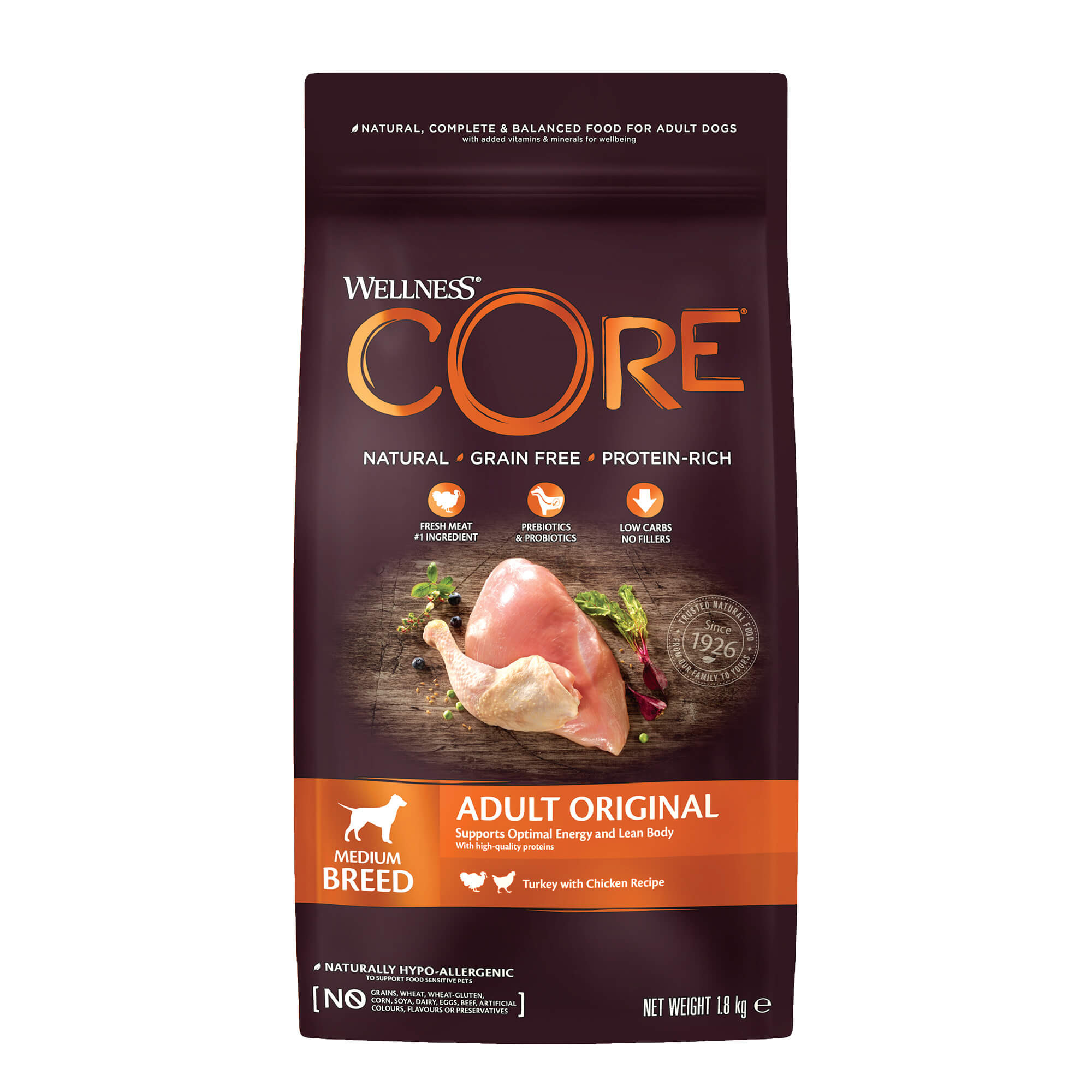 Wellness Core Grain Free Adult Original Dinde & Poulet Medium Breed 1,8Kg Pour Chien