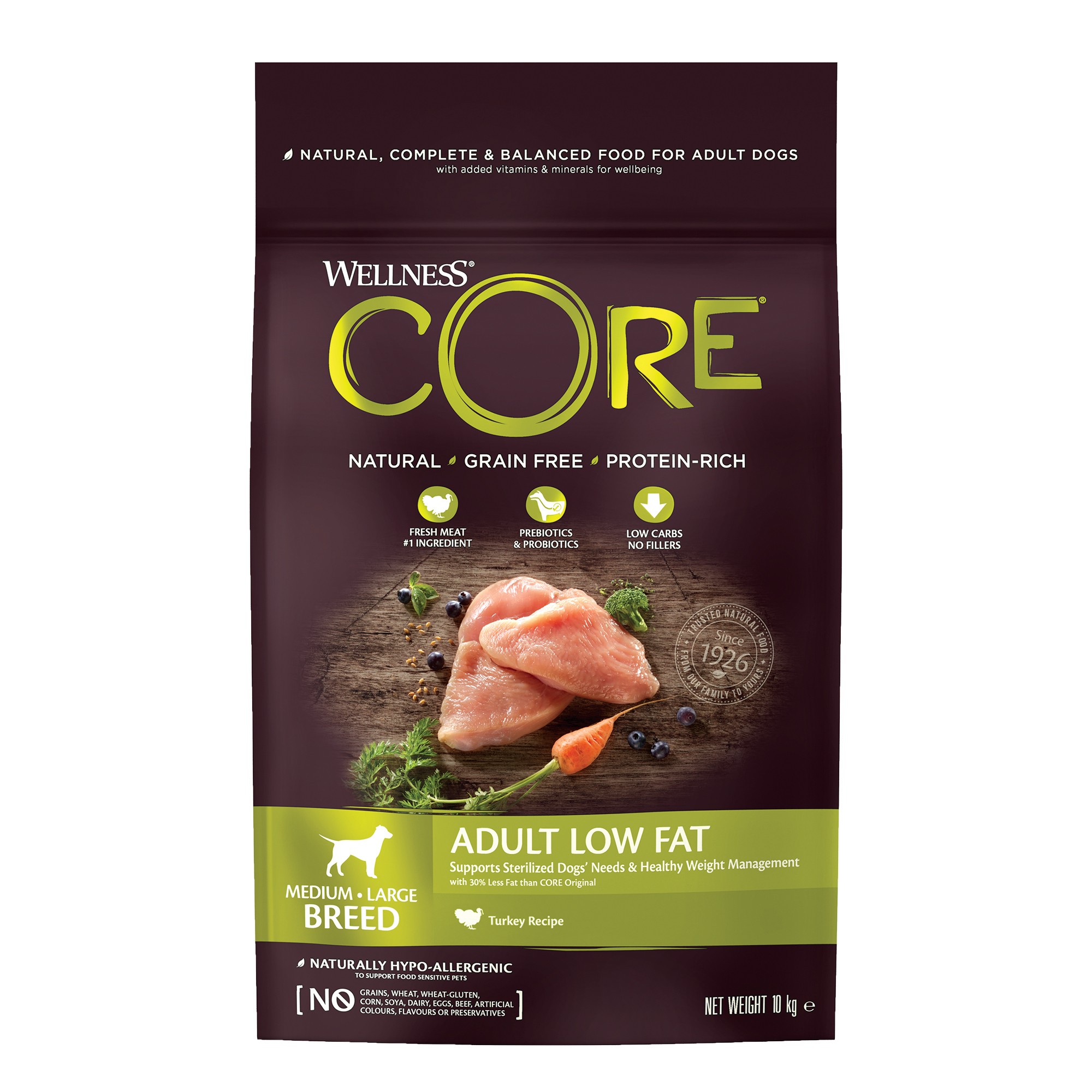 Wellness Core Grain Free Adult Low Fat Kalkoen Medium/Large Breed 10Kg