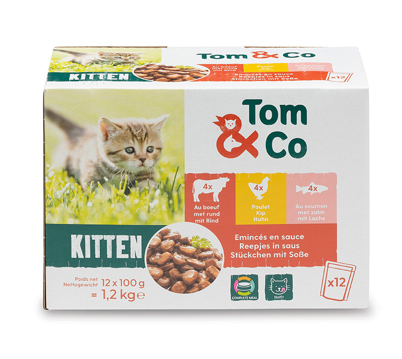 Tom&Co Emincés En Sauce 12 X 100G Boeuf Poulet Saumon Kitten