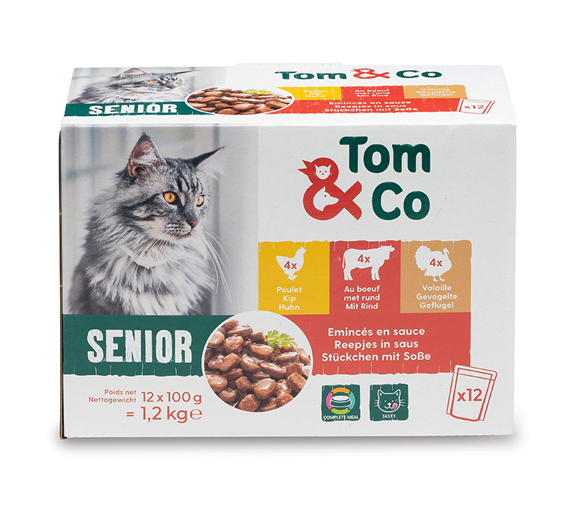 Tom&Co Emincés En Sauce 12 X 100G Poulet Boeuf Volaille  Pour Chat Senior