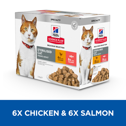 Hill's Science Plan Young Adult Sterilised Cat multipack 12 sachets repas pour chat stérilisé poulet et saumon 12x85 g