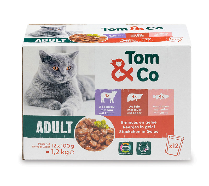 Tom&Co Stukjes Gelei 12X100G  Zalm Lam Lever Voor Kat Adult